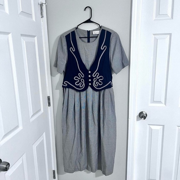 Kithie Lee Vintage 80’s Boho Maxi Gray & Navy Cottage Dress 16W - Picture 10 of 10